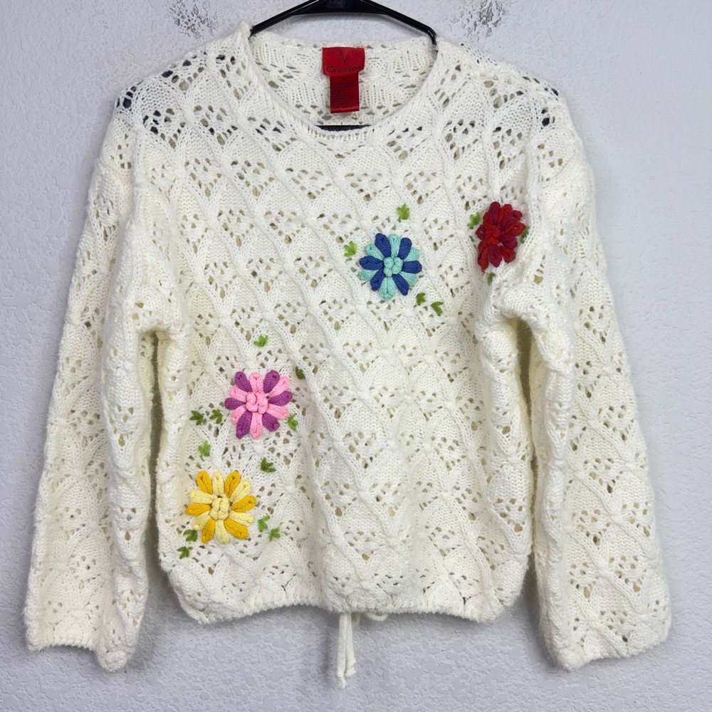 Cristina Sweater Womens S White‎ Floral Crochet Boho Cottagecore Romantic Fairy